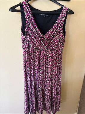Jones New York Black and Pink Polka-Dot Sleeveless Wrap Midi Dress